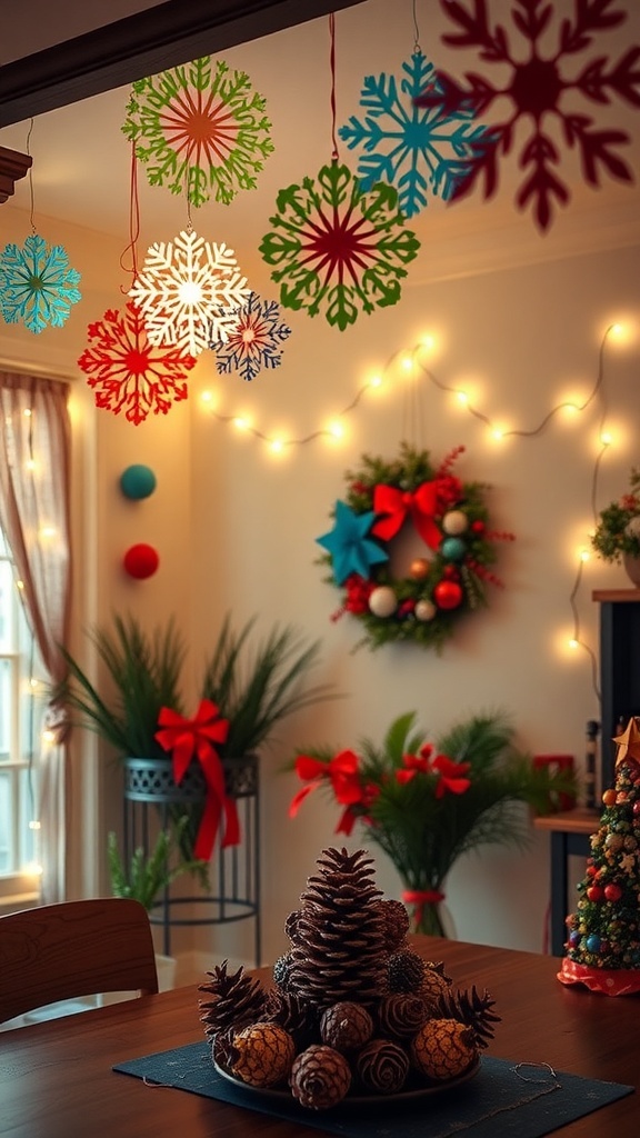 A festive room decorated with DIY Christmas decorations including snowflakes, wreath, and pinecone centerpiece.